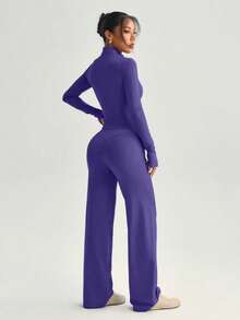 2pcs Set Purple Zipper Fitted Long Sleeve Top + Flowy Wide Leg Pants Yoga Outfit - Violet Purple - View 3
