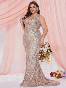 Plus Size Sexy Gold Sequin Deep V Neck Open Back Floor Length Party Ball Formal Evening Gown Dress - Gold - View 3