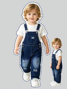 Boys Children Spring Autumn Summer Denim Overalls Cargo Jeans Jumpsuit Distressed Washed Adjustable Shoulder Straps Front Pockets Casual Outdoor Wear - Blue - View 10
