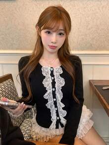 French Style Lace Trim Long Sleeve Knit Sweater Women Autumn/Winter Design Heart Button Slim Fit Inner Layer Base Layer Short Top - Black - View 2
