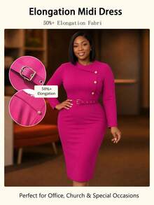 NOU Women's Mid-Length Basic Fitted Long Sleeve Dress With Contrast Panel, Round Neck, Side Chest Button Decor, Belt, Waist-Cinching Bodycon Pencil Skirt - Hot Pink - View 9