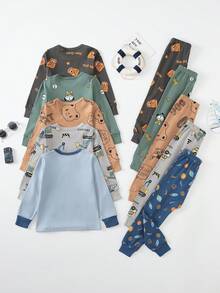5 Sets Send 1 Set Random Boys Cartoon Underwear Set Medium Thick Long Sleeve Long Pants Loungewear Set Pajamas Cartoon Print Autumn Clothes - Multicolor - View 2