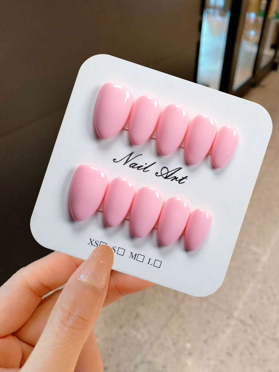 YINZIJIA 10 Pieces, Solid Color Short Almond Shaped Pink Acrylic Nail Tips Complete Set Of Fake Nail Tips, With Nail Accessories, Suitable For Women's Daily Life And Gatherings - Multicolor - View 1