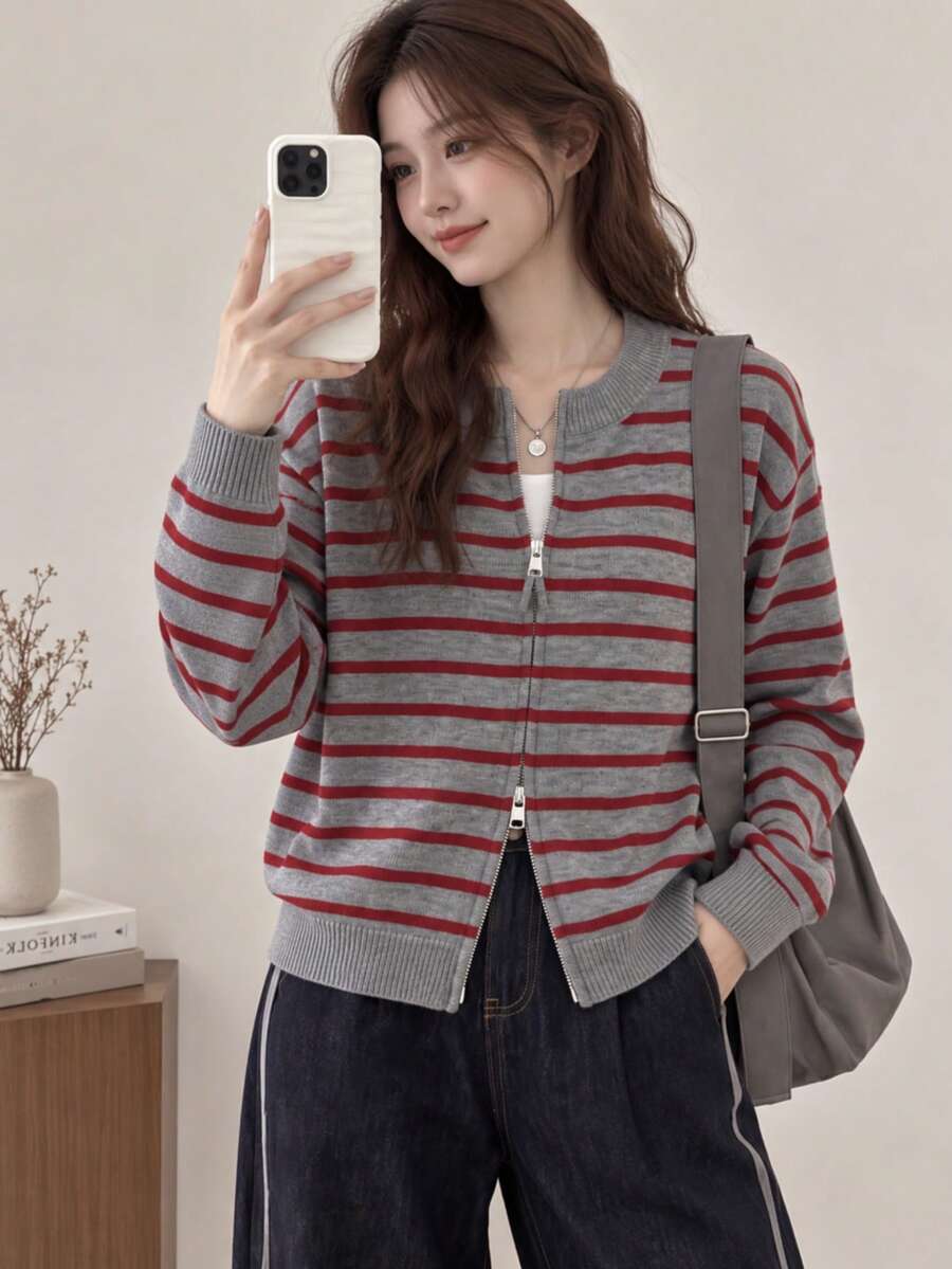 Women's Casual Striped Design Zip-Up Round Neck Knit Cardigan Sweater, Autumn/Winter Fall - Grayish Red - View 1