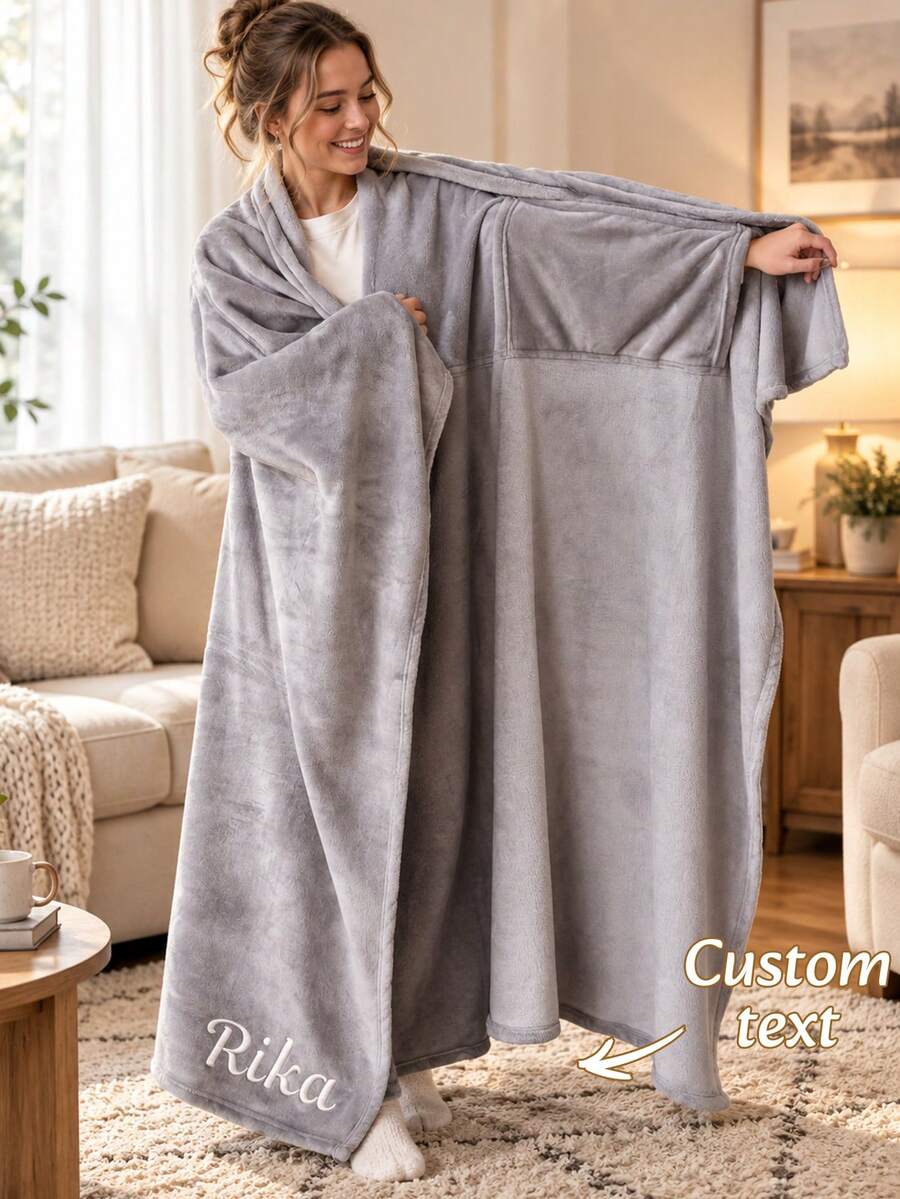 1PC Custom Embroidered Wearable Throw Blanket, Personalized Custom Name Blanket With Built-In Sleeve Design For Full Body Coverage, Decorative Blanket For Sofa And Bed, Ideal Holiday Gift For Family Members