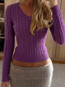 1pc Women's Solid Color Cable Knit V-Neck Slim Fit Sweater, Vintage Long Sleeve Pullover Knit Top, Suitable For Daily Wear, Commuting, Dating - Purple - View 2