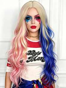 24 Inch Long Wavy Curly Multi-Color Blue, Pink, Gold Cosplay Wig With Side Bangs, Middle Part Synthetic Cosplay Wig For Halloween, Music Festival, Costume Party, Role Play ﻿ - Multicolor - View 2