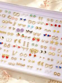 14/21 Pairs Cute Enamel Stud Earrings Set, Gold Butterfly Heart Flower Star Cherry Design, Daily Wear Stackable Earrings Gift For Women And Girls - Exquisite Stud Earrings - View 2