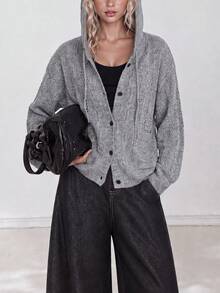 Women's New Autumn Casual Minimalist Slimming Vertical Striped Hooded Cardigan Knit Sweater - Grey - View 4