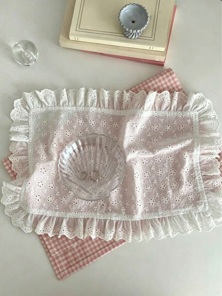 1pc/2pcs/6pcs Floral Embroidered Lace Decor Placemats & Napkins, Minimalist Ins Style Photo Backdrop - White - View 1