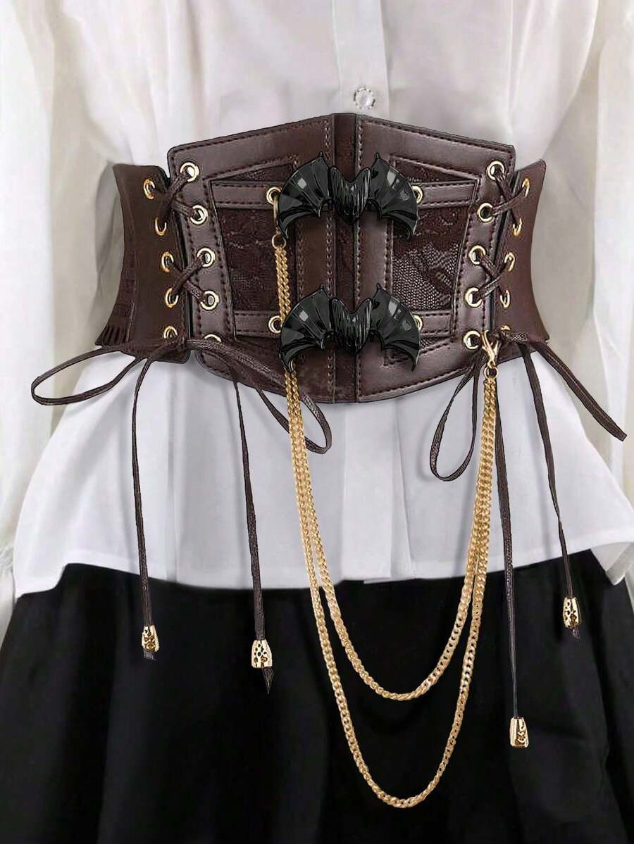 1件棕色龐克哥德風蒸汽龐克蕾絲流蘇綁帶束腰束腰帶，附鏈條，適合萬聖節夜晚派對或日常穿著