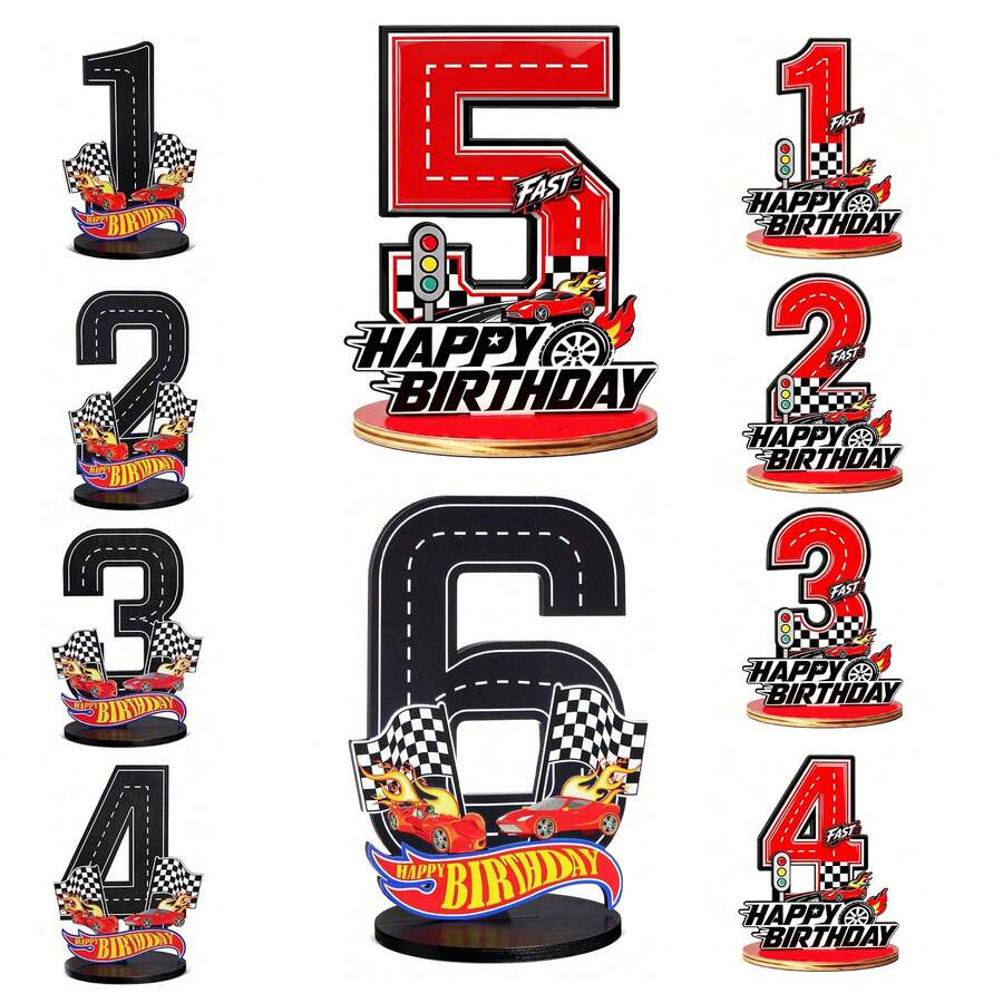 1pc Wooden Race Car Number Plate (1-9), Racing Theme, Suitable For Birthday Party, Holiday Decoration, Desktop Decor, Photo Prop, Ideal Accessory For Party Scene, Centerpiece, 2026 Graduation Ceremony - Multicolor - View 1
