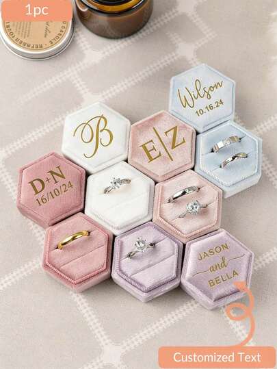 CFUNIQ 1 Personalized Hexagonal Velvet Ring Box, Wedding Ring Box, Engagement Ring Box, Proposal Ring Box, Ring Box, Anniversary, Wedding Gift, Personalized, Double Compartment Ring Box, Customized Item, Christmas, Wedding, Jewelry Storage Box, Jewelry Box, Christmas Gift, Customizable Item, Storage Box, Ring Holder