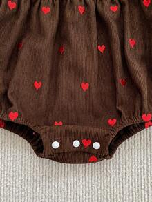 Vintage Style Baby Corduroy Romper With Heart Print, Long Sleeve Lace Trim Triangle Bodysuit For Girls, Spring/Autumn - Brown - View 6