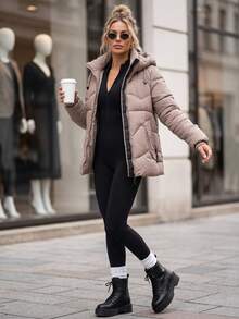 Women's Quilted Hooded Jacket With Zip Pockets, Ribbed Cuffs And Regular Fit - Khaki - View 2
