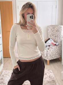Minimalist Sexy Sexy Girl Autumn Faux Two Pieces Button Lace Patchwork Long Sleeve Simple Versatile Inner Layer Base Top - Apricot - View 5