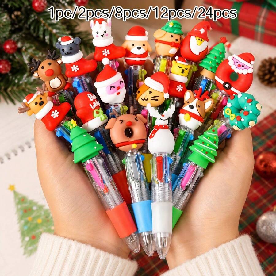1Pc/2pcs/8pcs/12pcs/24pcs /Christmas Mini Multicolor Pen Set, Festive Four-In-One Cute Click Ballpoint Pens, Suitable For Colleague Christmas Party Gifts And Office Giveaways