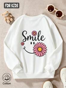 Girls' Cute Printed Drop-Shoulder Round-Neck Long-Sleeve Casual Sports Sweatshirt - White - View 3