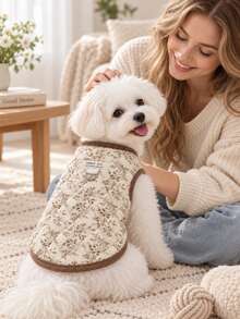 Lightweight Quilted Dog Harness Vest, Retro Floral Leaf Puppy Coat With D-Ring, Sleeveless Warm Pet Jacket With Ribbed Trim, Cute Daily Outfit For Small Dogs Maltese Poodle, For Autumn Walking & Pictures -New - Coffee Brown - View 5