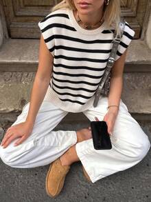 Stripe Side Slits Crewneck Short Sleeve Sweater Tee Round-Neck Loose Color-Blocking Plus-Size Knitted Sweater,Christmas New Year - Apricot - View 3