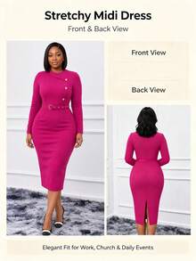 NOU Women's Mid-Length Basic Fitted Long Sleeve Dress With Contrast Panel, Round Neck, Side Chest Button Decor, Belt, Waist-Cinching Bodycon Pencil Skirt - Hot Pink - View 8