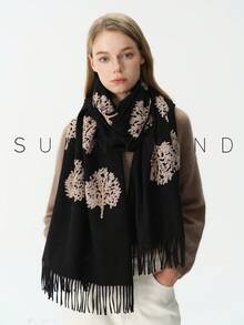 1pc Women's Embroidered Tree Of Life Plant Element Versatile Casual Elegant Scarf For Autumn/Winter Daily Use - Black - View 7