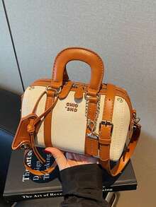 Women Fashionabel Retro Denim‑Print Boston Handbag, Mini PU Spliced Top‑Handle Bag, Chain Decor Crossbody Shoulder Purse With High-End Texture - Multicolor - View 6