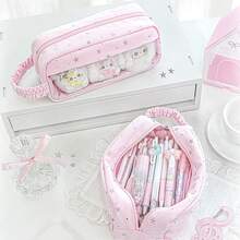 Rosyposy 1pc Kawaii Lace Star Pattern Clear Window Pencil Pouch, Aesthetic Large Pencil Bag With Ruffle Handle For Plush Doll, Student Stationery - Multicolor - View 2