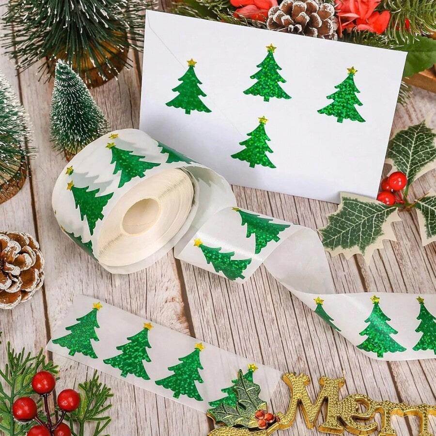 500pcs Christmas Tree Laser Stickers, Cartoon Christmas Party Gift Box Decoration Stickers, Label Stickers For Envelopes And Gift Bags - Multicolor - View 1