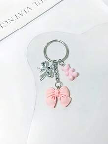 Pink Bow Bear Keychain Silver Metal Bow Bag Charm Key Chain Car Pendant Sweet Girl Backpack Decoration Accessory Birthday Party Small Gift - Silver - View 4