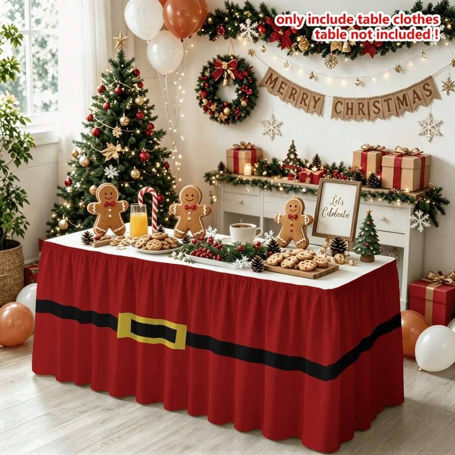 "Commodity" 1pc Christmas Table Skirt, Red Background With Black Belt And Gold Buckle Pattern Table Skirt, Suitable For Kitchen Table Decoration, Restaurant Layout, Picnic Camping Scene, Party Atmosphere To Create A Table Skirt. - 1 - View 1