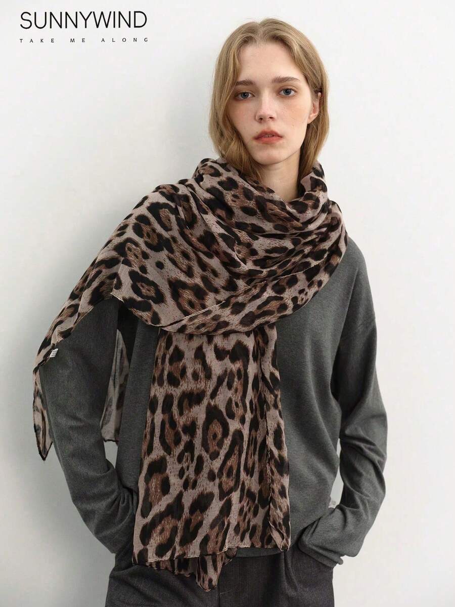 1pc Women's Leopard Print Polyester Large Size Scarf For Daily Use - Khaki - View 1