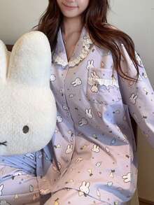 Gongdie 2 Pieces Miffy Women's Pajama Set,Fall Purple Soft Cotton Loungewear With Lace Trim And Pocket - Mauve Purple - View 4