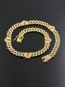Gold & Silver Broken Heart Full Rhinestone Cuban Link Necklace, European & American Hip Hop Red Resin Heart Broken Rhinestone Thick Chain, Unisex Street Rap Couple Accessory, Holiday Gift - Broken Heart Necklace - View 11