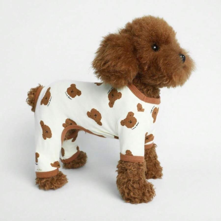 1pc Pet Dog Clothes Autumn Winter Small Dog Four-Legged Print Bear Home Wear - White - View 1