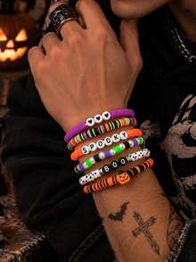 6pcs/Set European Gothic Style Colorful Soft Clay Multi-Layer Stackable Bracelets, Heart Letter Pumpkin Element Wristbands, Couple Holiday Photo Accessories, Autumn/Winter Atmosphere Small Gifts - Multicolor - View 3