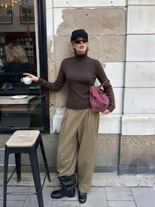 Sookaug Dark Brown High Neck Knitted Sweater Women Autumn Winter Slim Fit Base Layer Top, Flattering Versatile Long Sleeve Pullover, Ribbed Knit Regular Fit Top, Suitable For Autumn Winter Outfits - Brown - View 6