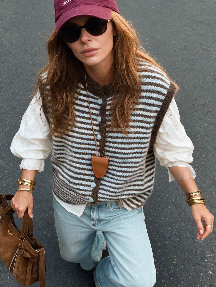 Women's Striped Cardigan Knit Vest, Round Neck Front Button Sleeveless Sweater Vest, Autumn/Winter Casual Short Layering Top - Brown - View 1