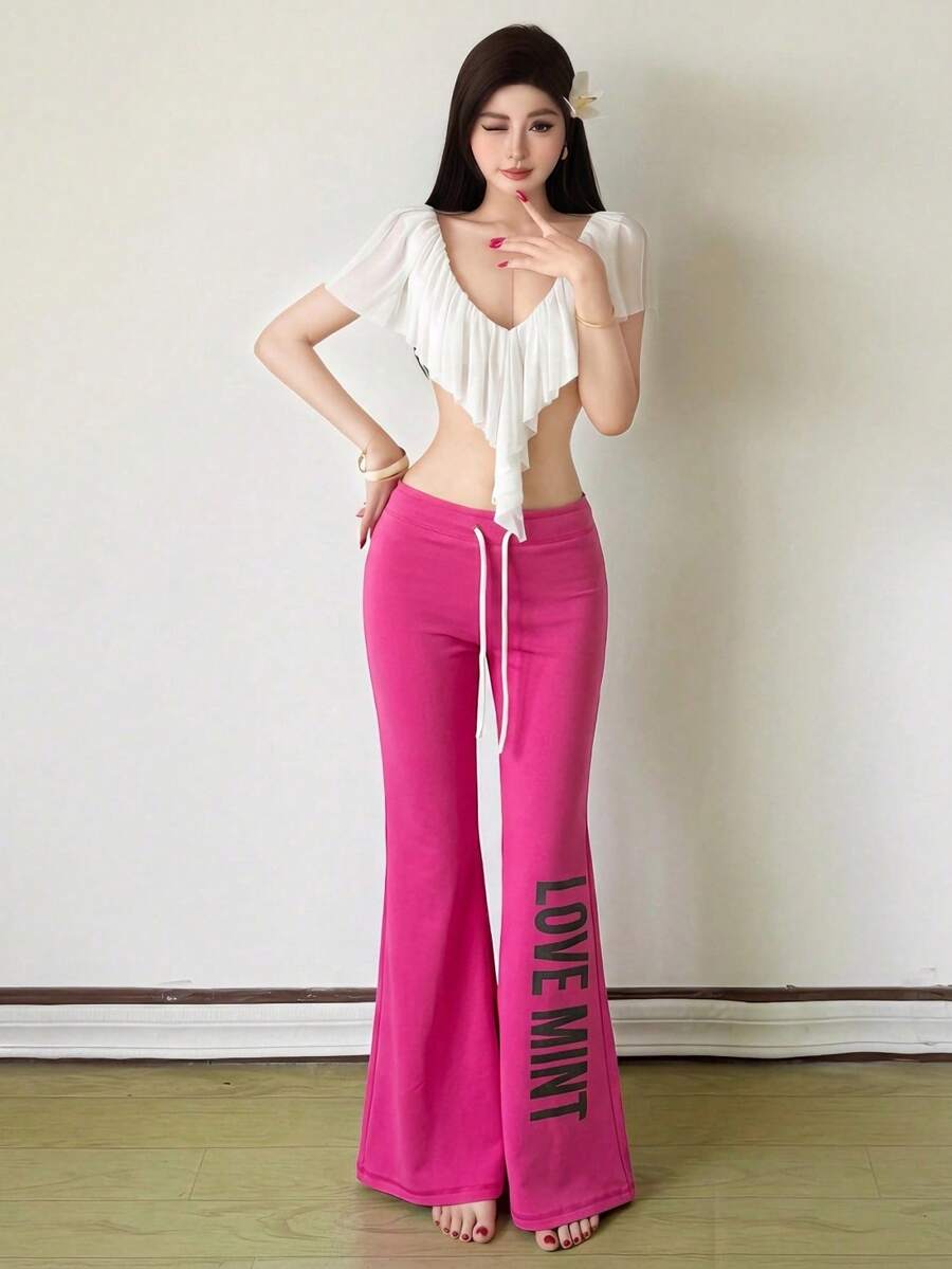 بنطال نسائي كاجوال من Top Dazzle بحبل سحب وتصميم واسع من الأسفل، بطول قصير، مرونة متوسطة، مريح بأسلوب صيفي - وردي - مشاهدة 1