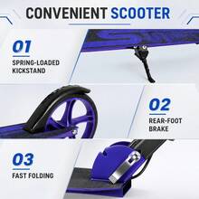 Adult Foldable Two-Wheeled Scooter, Height Adjustable Kick Scooter With Rear Brake & Suspension System, Thickened Black Frame High Load Bearing Portable Urban Commuter Scooter For Outdoor Travel - Blue - View 5