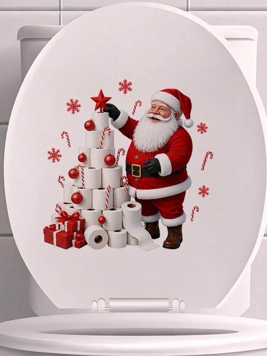 1pc Santa Claus & Toilet Paper Tree Pattern Toilet Sticker, Water Tank Sticker, Bathroom Decor, Funny Toilet Sticker, Wall Decor, Home Decor, Enhance Your Home Overall Aesthetics - A - View 1