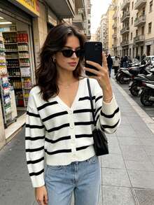 Autumn/Winter New Button-Up Striped Cardigan For Women, Fashionable High-End Minimalist Casual Versatile Loose Fit Elegant Long Sleeve V-Neck Sweater - White - View 1