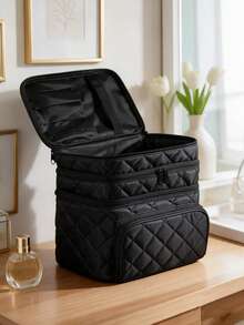 1pc Black Large Capacity 3-Layer Makeup Bag, Multi-Compartment Design Handheld Storage Bag, Multi-Functional Toiletry Bag, Suitable For Daily Use And Travel - Black - View 1