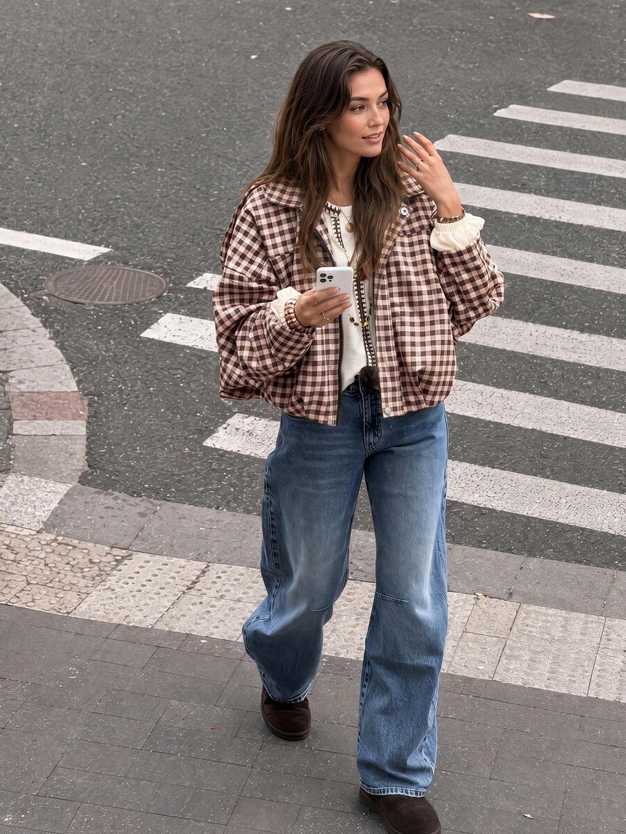Women Fall Elegant Casual Brown Plaid Stand Collar Zip Up Long Sleeve Jacket For Office Going Out Vacation - New Multicolor - View 1