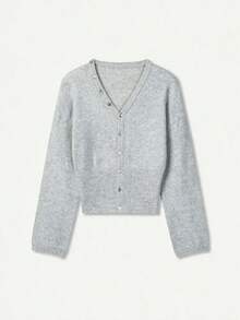 Women's New Light Gray V-Neck Long Sleeve Knit Cardigan, Dropped Shoulder And Cinched Waist Design - Light Grey - View 7