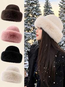 1pc Women's Winter Plush Hat, European & American & Korean Style Warm Headwear, Solid Color Cute Versatile, Thickened Design, Suitable For Winter Outfits - Multicolor - View 2