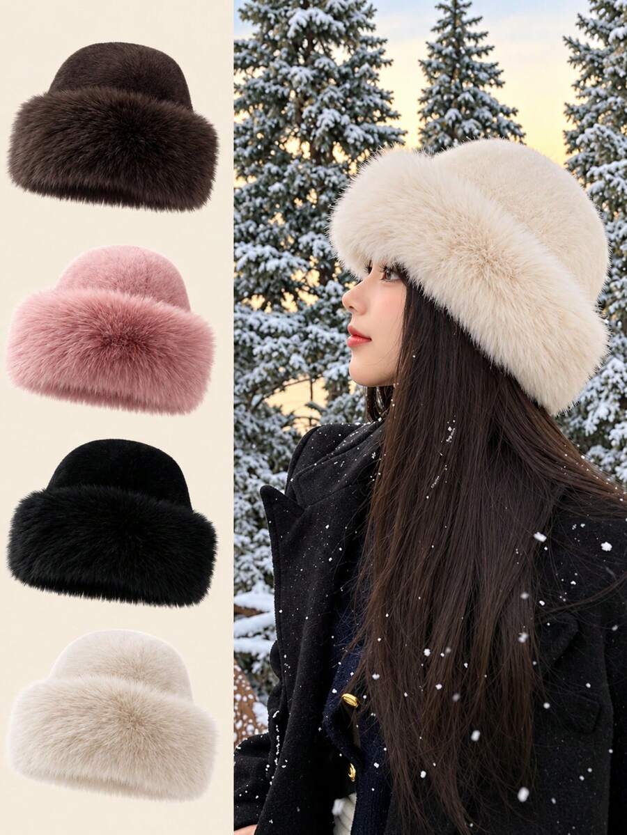 1pc Women's Winter Plush Hat, European & American & Korean Style Warm Headwear, Solid Color Cute Versatile, Thickened Design, Suitable For Winter Outfits