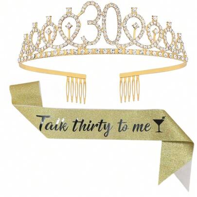 "Talk To Me At Thirty" Sash And Rhinestone Crown Set - 30th Birthday Gift For Women Birthday Sash Birthday Party Supplies