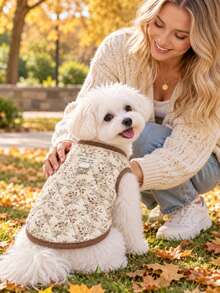 Lightweight Quilted Dog Harness Vest, Retro Floral Leaf Puppy Coat With D-Ring, Sleeveless Warm Pet Jacket With Ribbed Trim, Cute Daily Outfit For Small Dogs Maltese Poodle, For Autumn Walking & Pictures -New - Coffee Brown - View 6