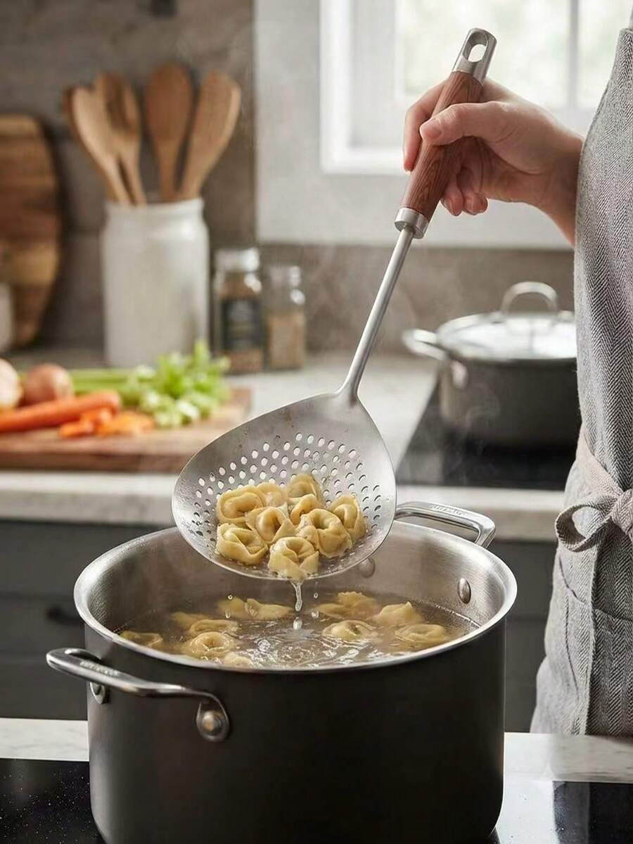 1/2pcs Stainless Steel Strainer, Large Stainless Steel Colander, Pasta Strainer, Kitchen Filter, With Heat-Resistant Handle, Suitable For Cooking, Hot Pot, Pasta Draining, Peppercorn Strainer - Silver - View 1